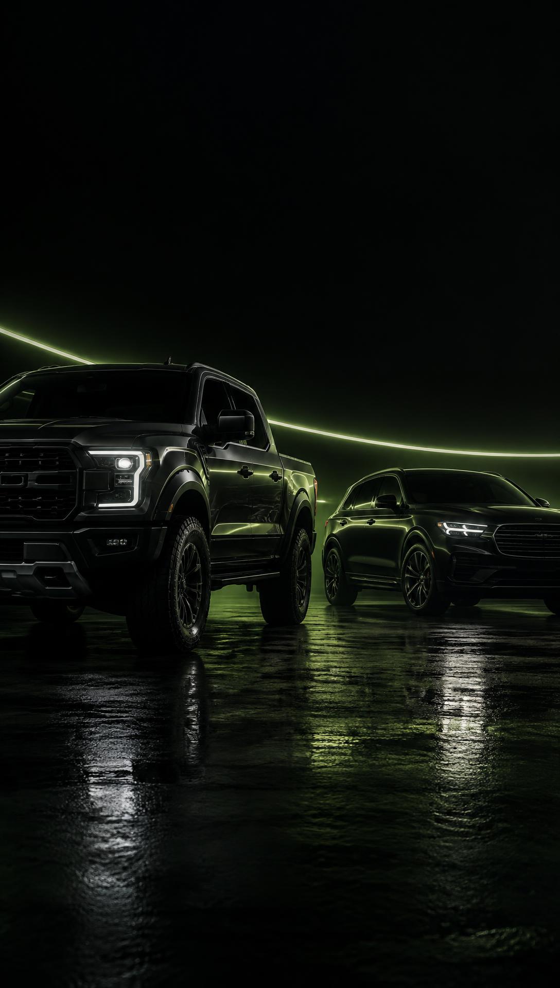 Pickup truck and SUV in a cinematic studio-lit automotive ad scene